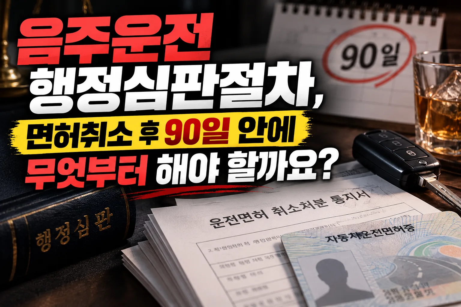 음주운전행정심판절차 안내 썸네일 이미지. 운전면허 취소처분 통지서와 자동차 열쇠, 90일 달력을 배경으로 면허취소 후 행정심판 신청기한과 준비사항을 안내하는 이미지